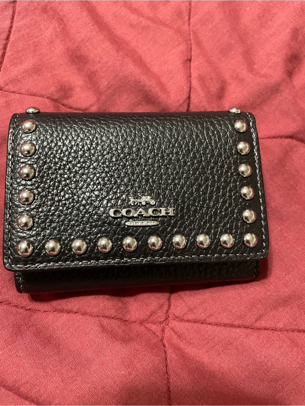 COACH Black Pebbled Leather Studded Trifold Wallet